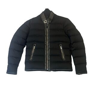 The Kooples mens M Medium black solid leather trim down fill puffer jacket EUC